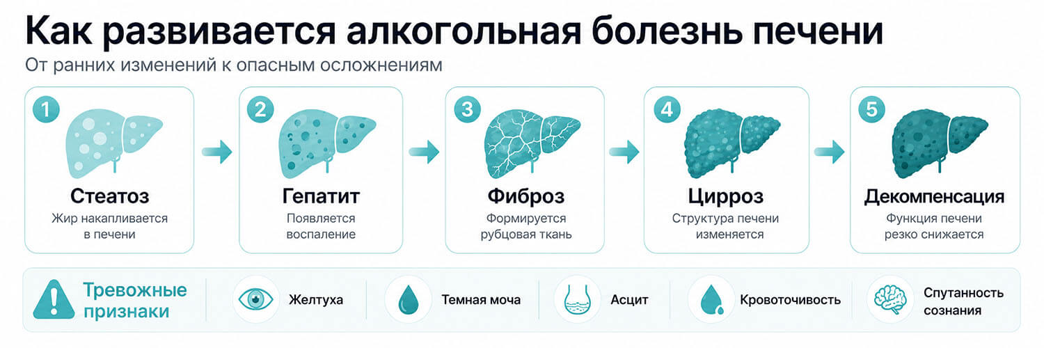 Стадии алкогольной болезни печени от стеатоза до декомпенсации